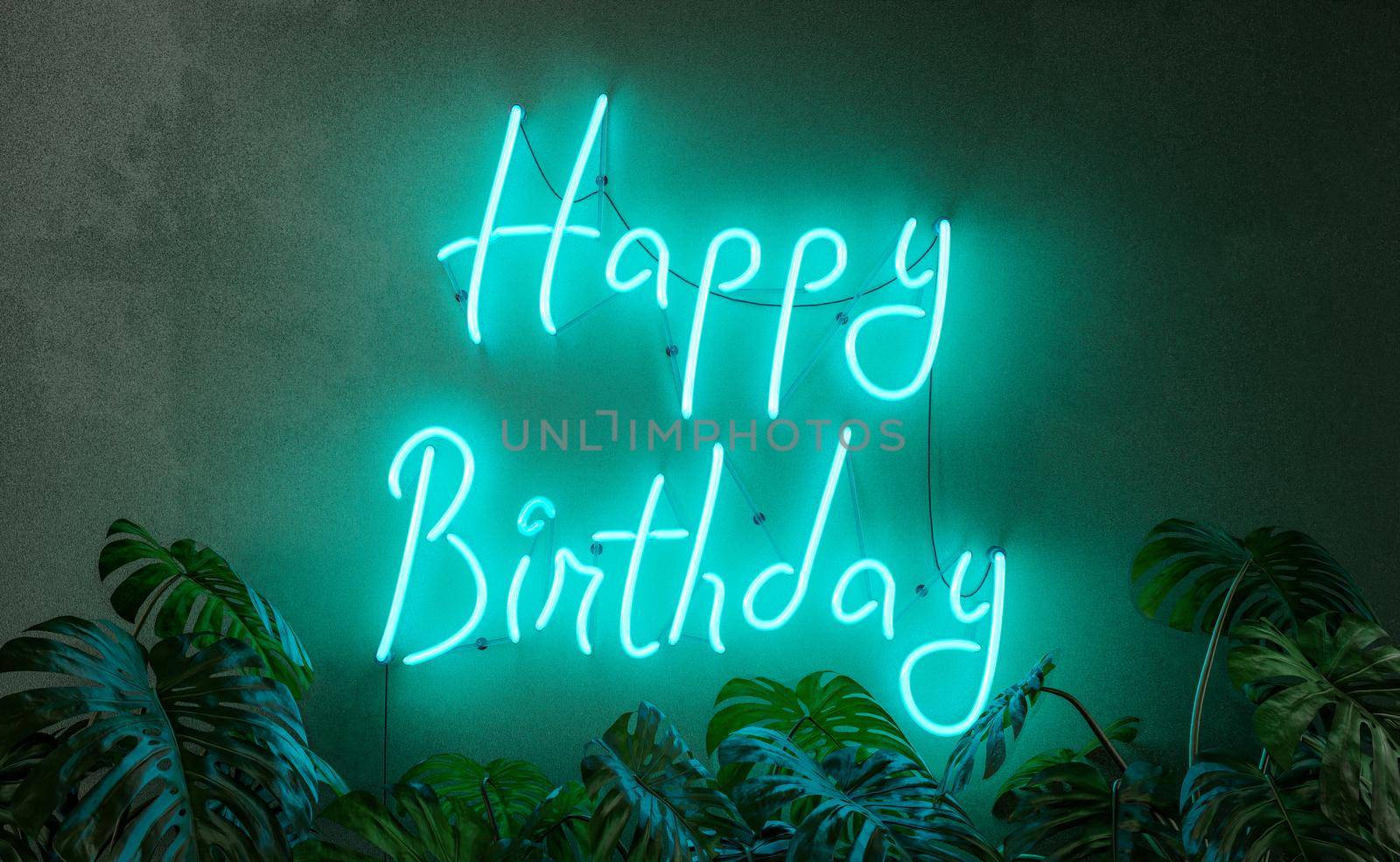 Happy birthday neon sign with plants in front by asolano
