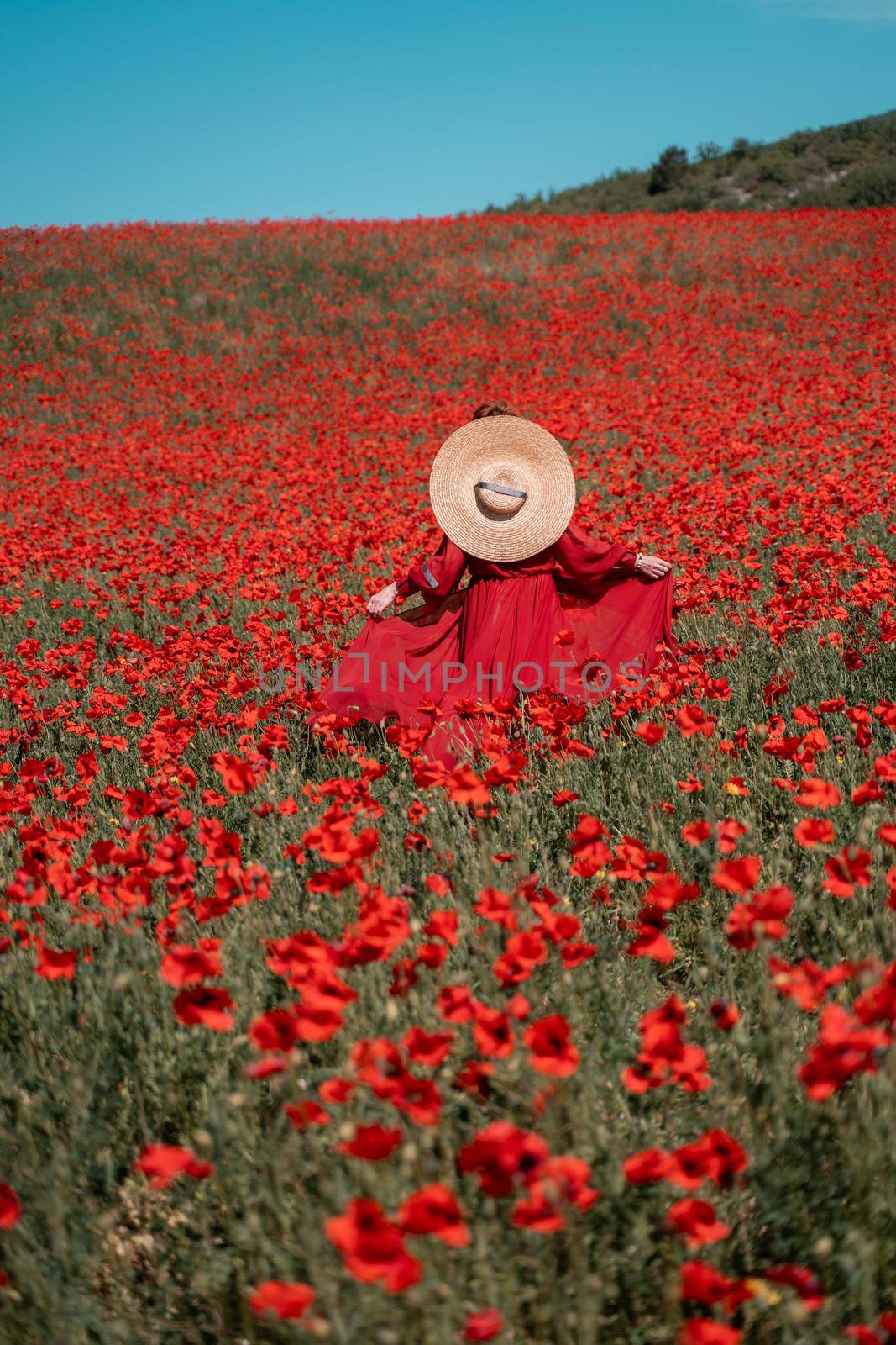 Young woman stands with her back in a long red dress and hat, posing on a large field of red poppies by Matiunina