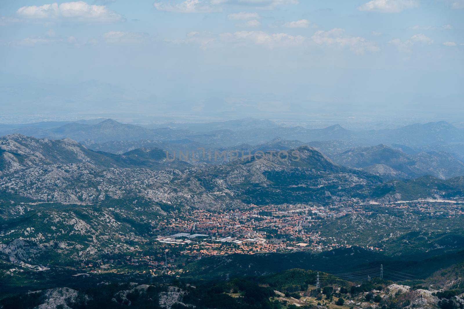 View from Mount Lovcen to the town of Cetinje in the valley. Montenegro. High quality photo