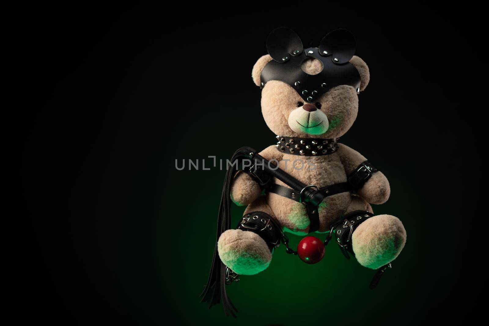the toy Teddy bear dressed in leather belts and mask accessory for BDSM games