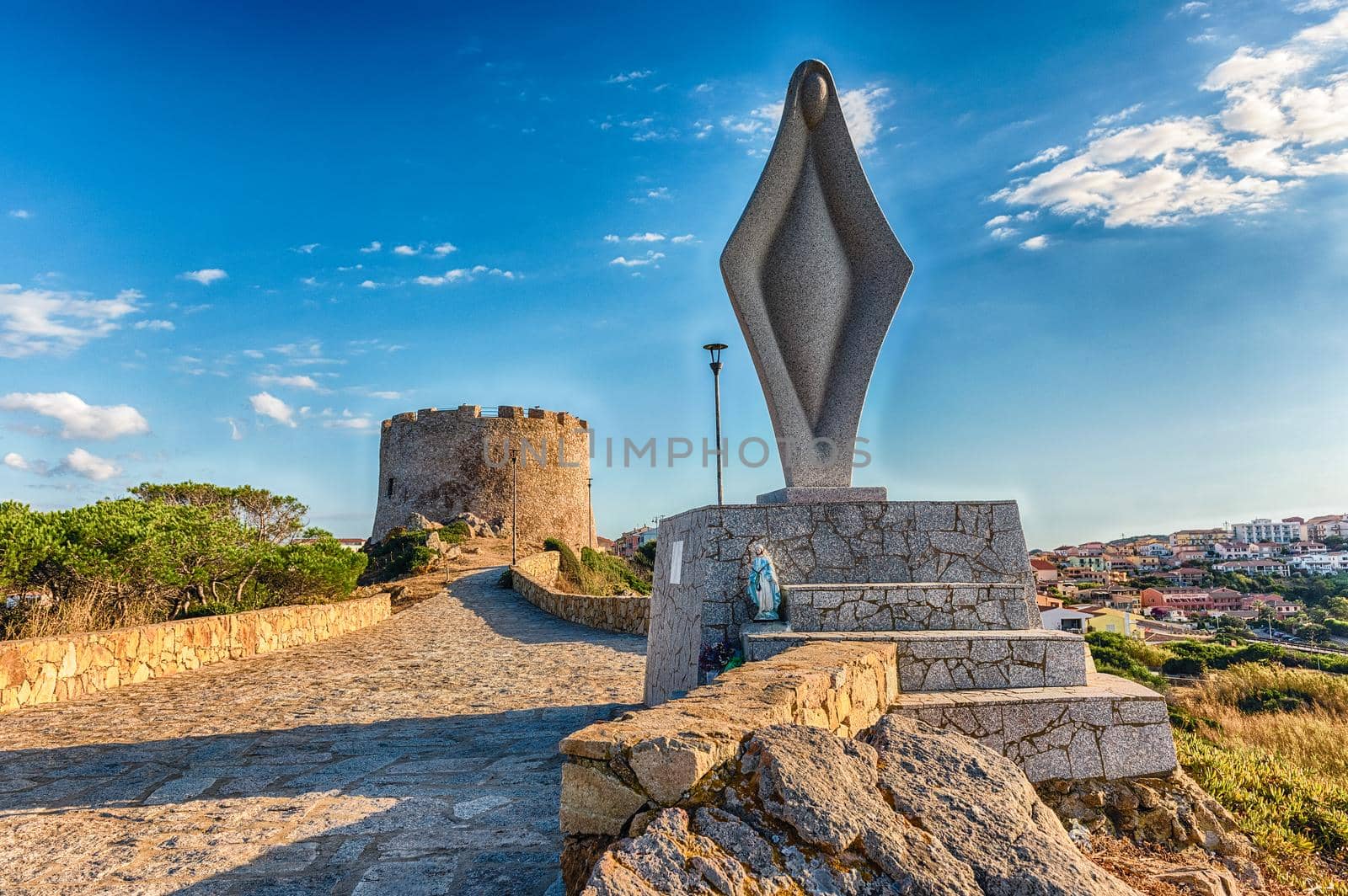 View of Longonsardo tower or spanish tower, iconic landmark in Santa Teresa Gallura, located on the northern tip of Sardinia, in the province of Sassari, Italy