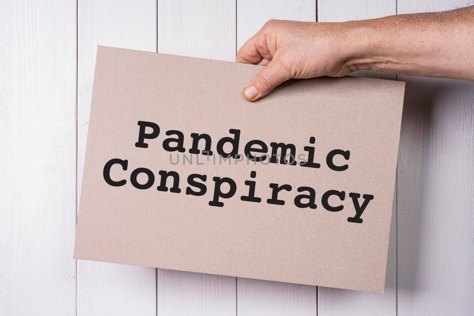 a sign with the words Pandemic conspiracy held in the hand