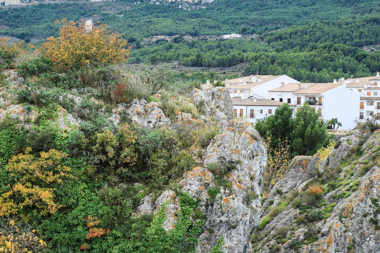 Beautiful view of Guadalest village surrounded by vegetation, mountains and the walls of the Castle