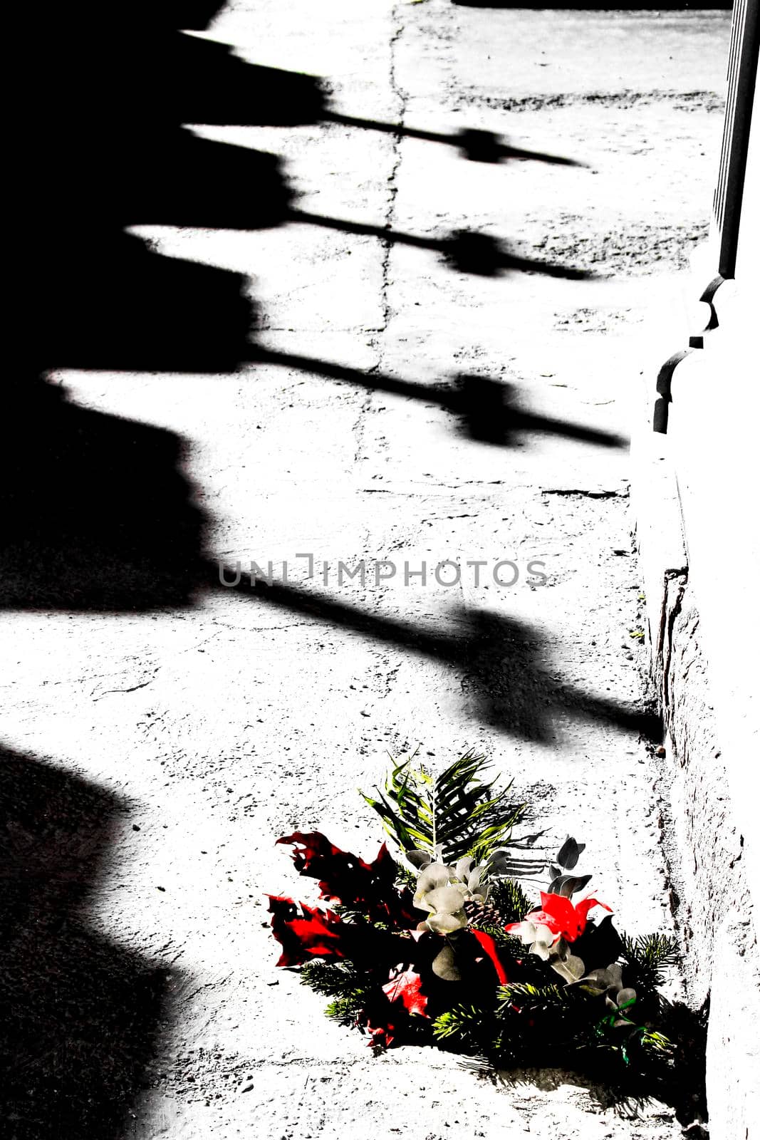 Crosses on the ground next to a bouquet in a cemetery by soniabonet