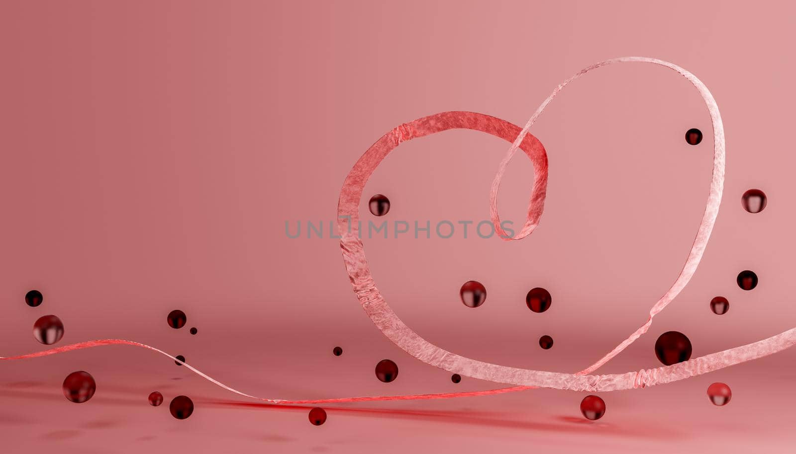 silk ribbon flying with heart shape and spheres around. valentine concept, background, love, greeting card and decoration. 3d rendering