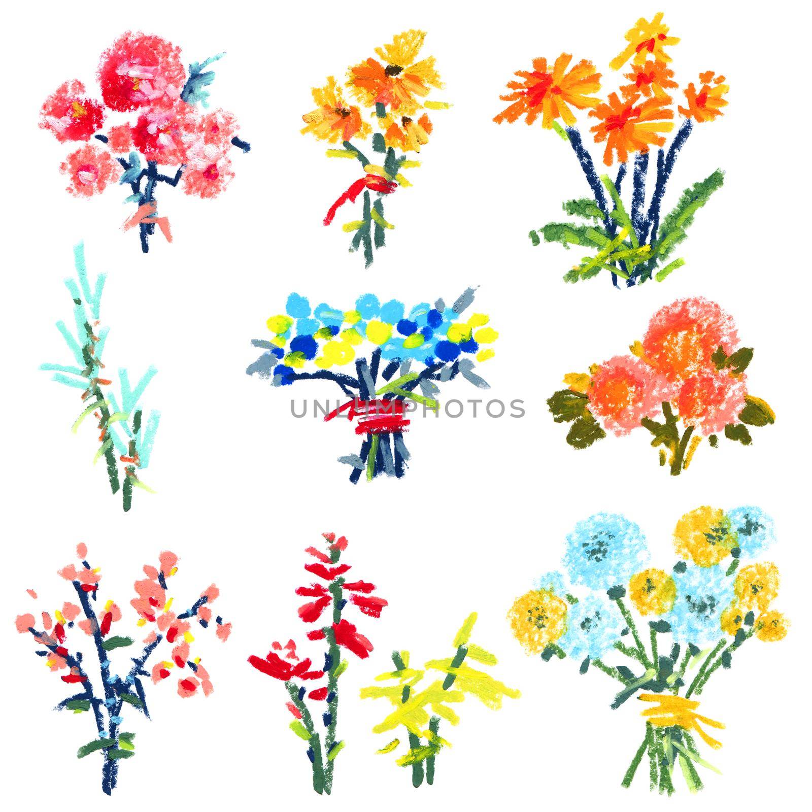 Oil illustration of flowers on white background - bouquets and twigs