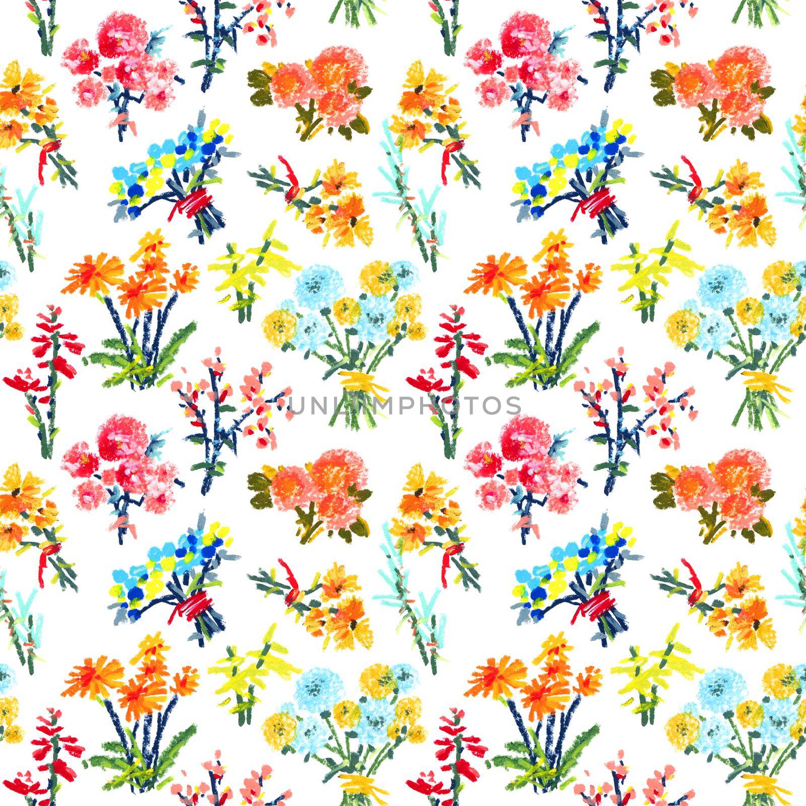 Oil illustration of flowers on white background - bouquets and twigs. Seamless pattern.