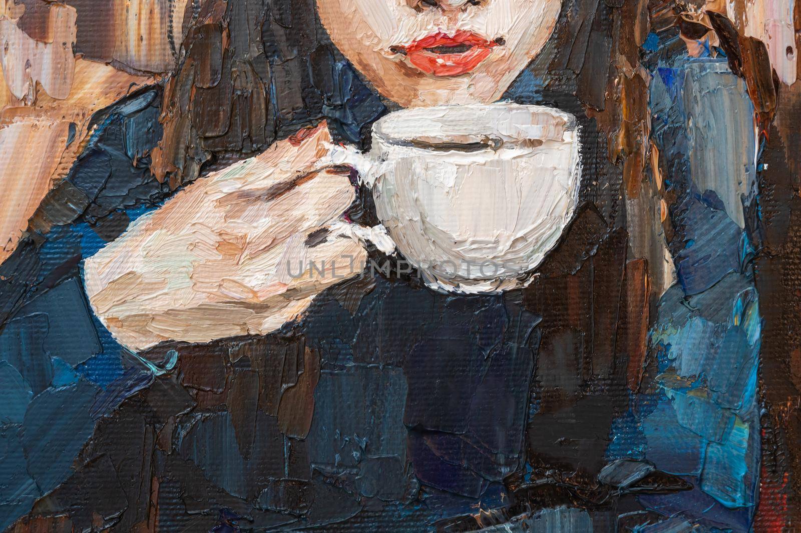 .The girl in the red beret..A woman is drinking coffee in a cafe. Oil painting on canvas.