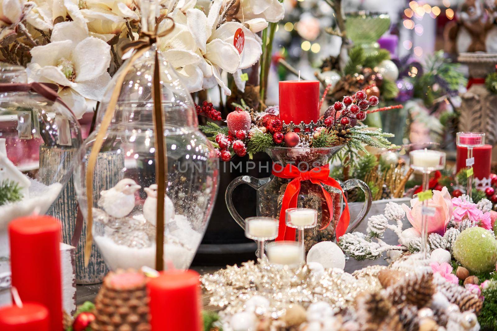 Market of decor . Lots of christmas decoration in store. Christmas shopping for new year tree