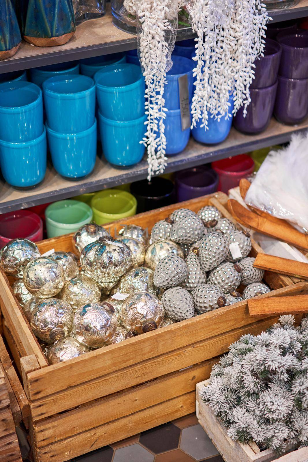 Market of decor . Lots of christmas decoration in store. Christmas shopping for new year tree
