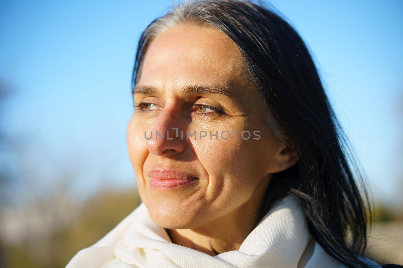 Profile side view portrait of attractive cheerful dreamy grey-haired middle-aged woman relaxing outdoors during sunny day.