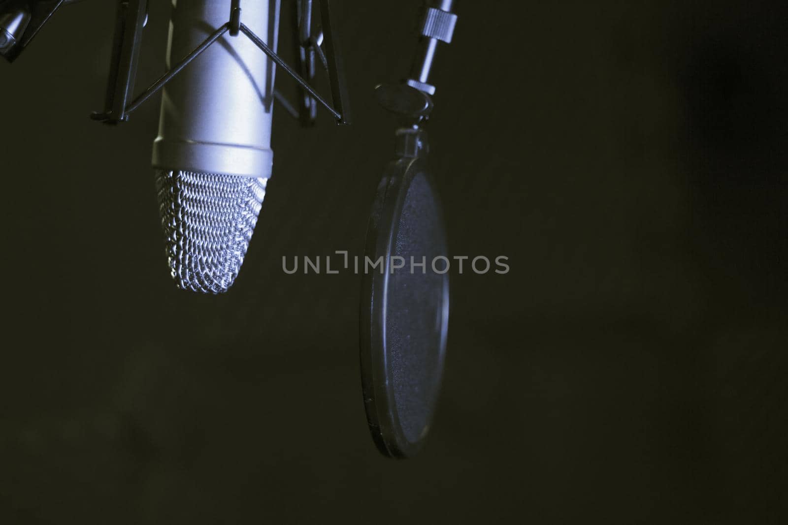 Professional microphone suspended in the air of professional studio