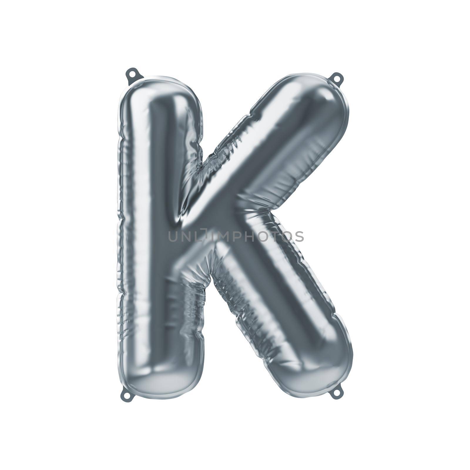 3D Render of silver inflatable foil balloon letter K. Party decoration element. Gray character isolated on white background. New year celebration postcard part. Graphic element sign for web design