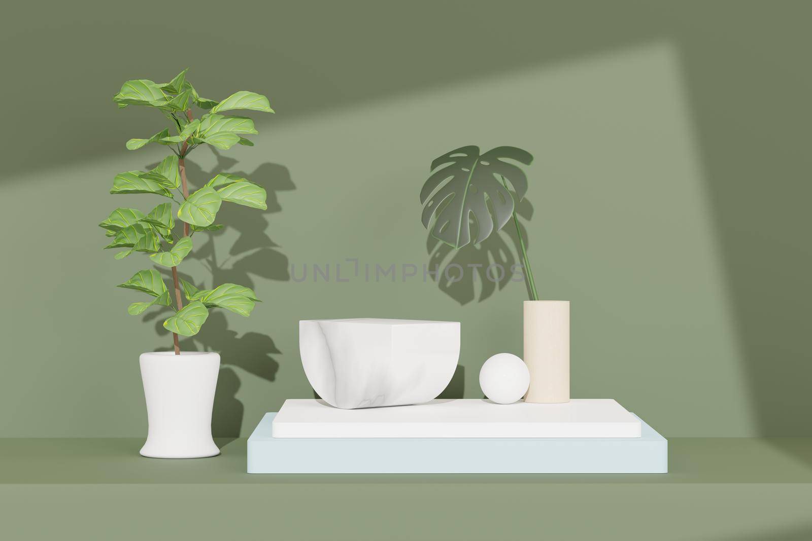 3d render of abstract pedestal podium display with Tropical Monstera leaves. Product and promotion concept for advertising. Green natural background.