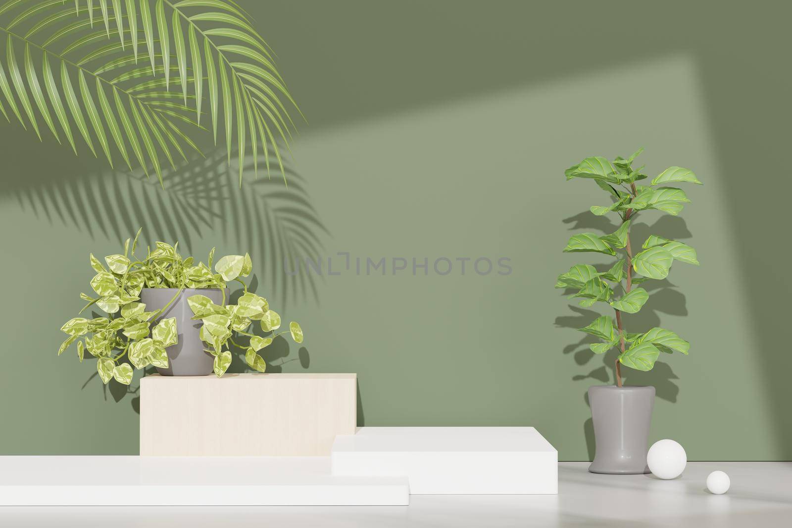 3d render of abstract pedestal podium display with Tropical Monstera leaves. Product and promotion concept for advertising. Green natural background. by tanatpon13p