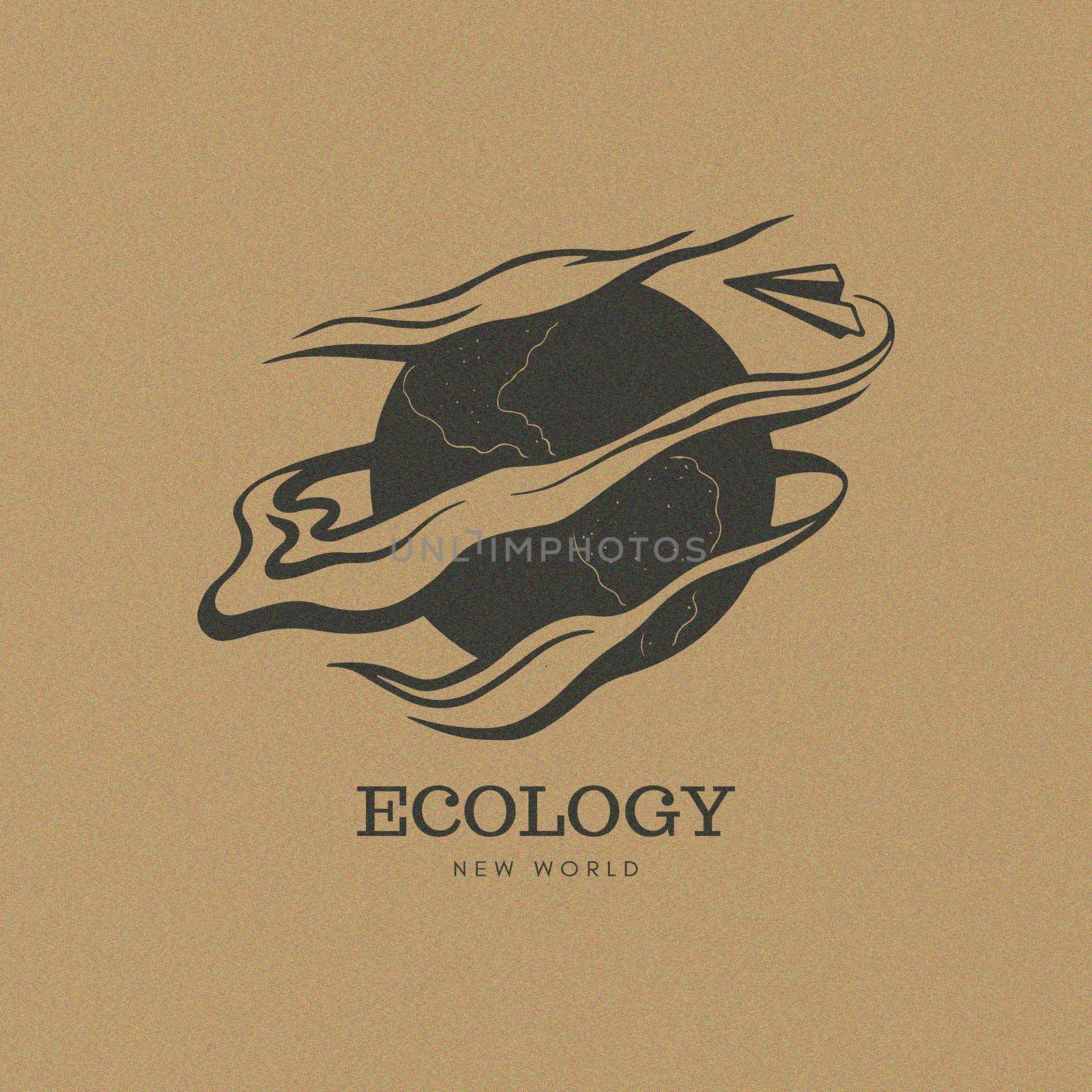 Ecology and carbon footprint. Land contamination with exhaust and gases. Travel to a new world. Emblem airplane leaving a chemical trail and a globe. illustration logo hand drawing.