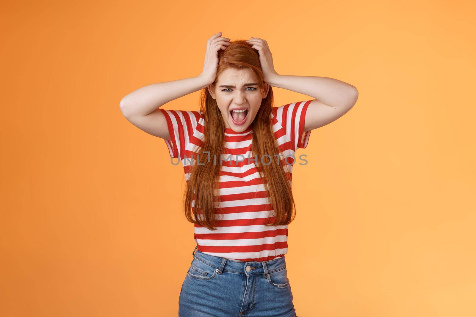 Uneasy depressed fed up pissed redhead girlfriend, scream upset, grab head, pull hair, yelling bothered, pressed, distressed, hate everyone, mental break-down, mind blowing, stand orange background by Benzoix