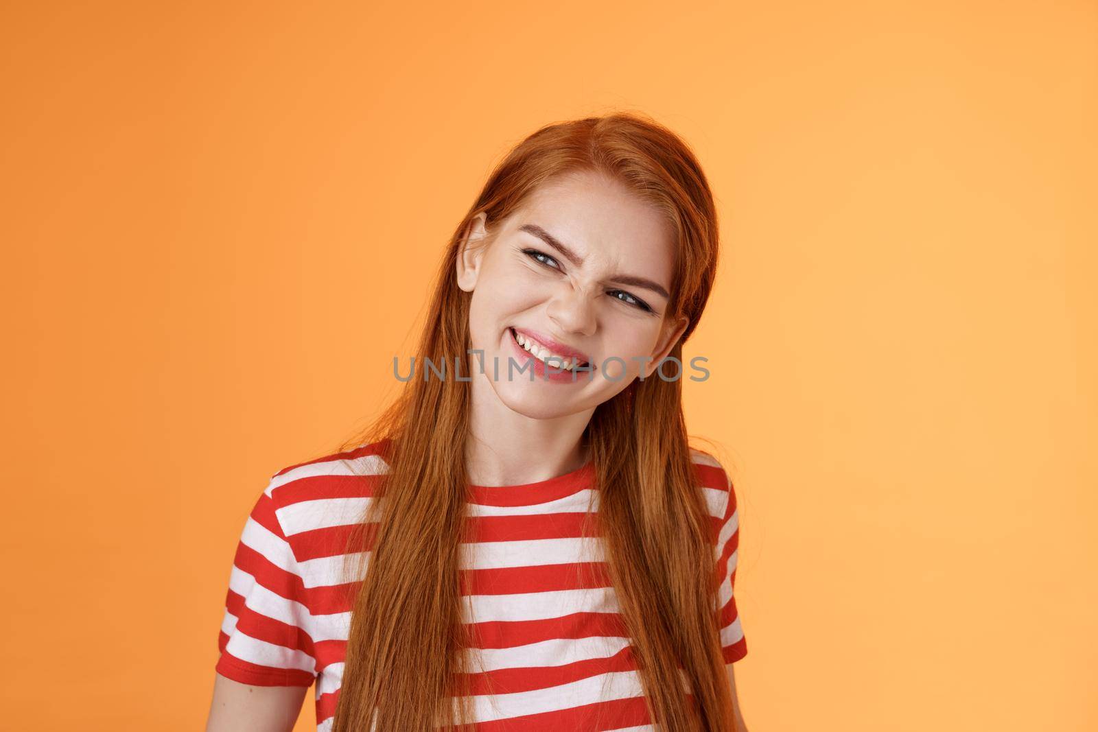 Sassy confident redhead daring girl have perfect summer plans, vacation ideas, inspired create something awesome, wrinkle nose excited, smiling satisfied look left assured, satisfied expression by Benzoix