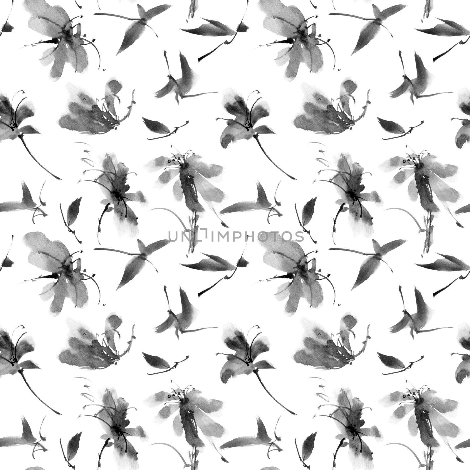 Ink painting of flowers and leaves on white background - seamless pattern. Oriental traditional painting in style sumi-e.