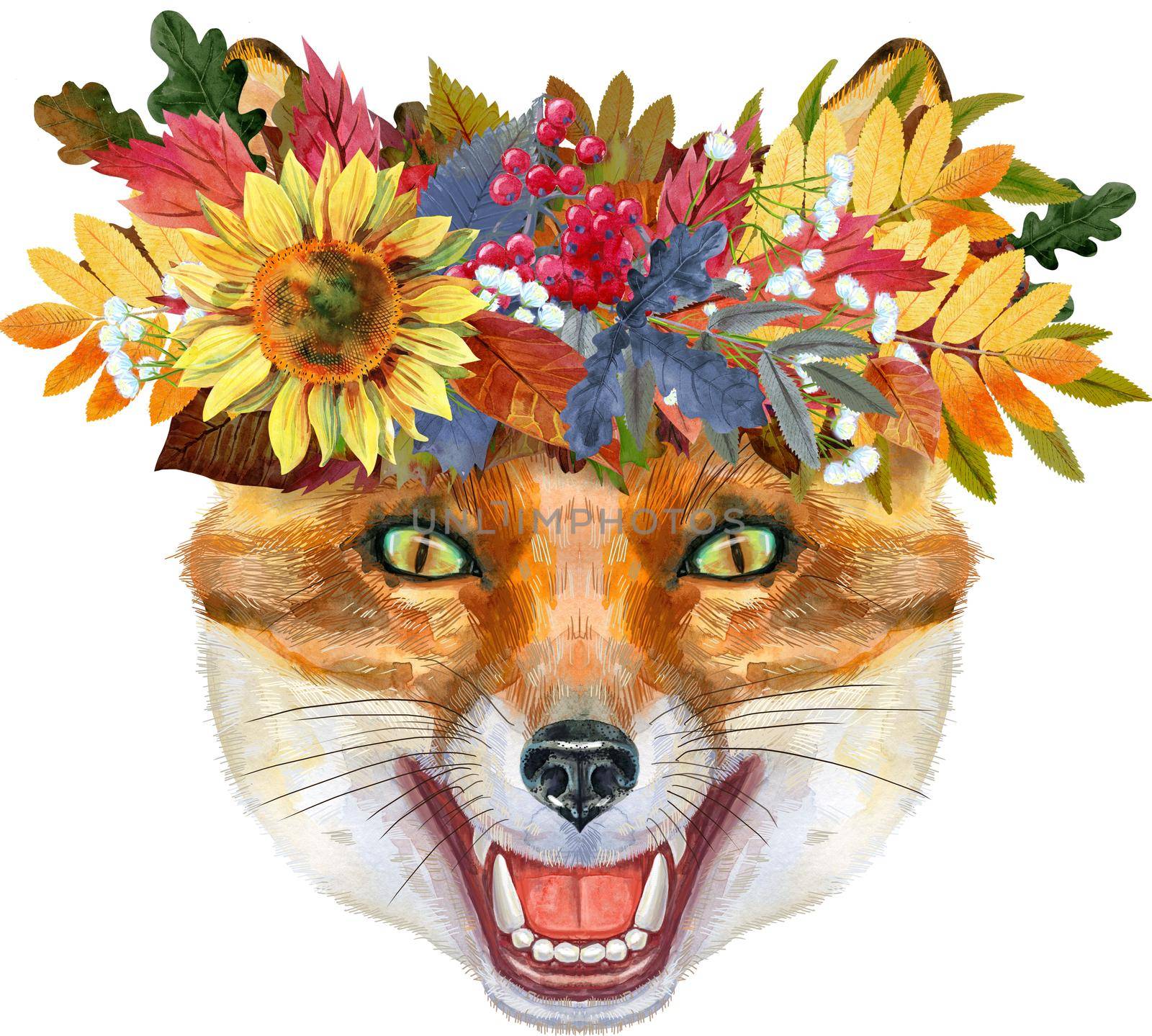 Fox portrait in a wreath of autumn leaves. Watercolor orange fox painting illustration. Beautiful wildlife world