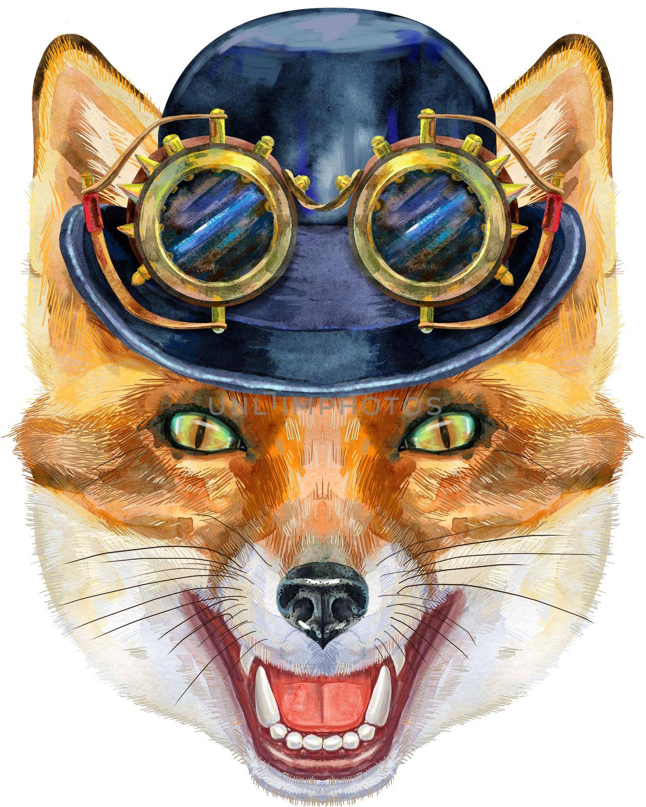 Fox head in a bowler hat with goggles. Watercolor fox painting illustration isolated on white background by NataOmsk