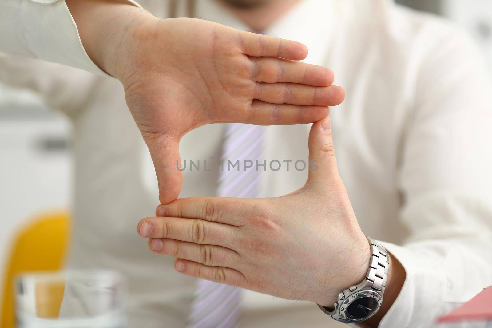 Male hands articulating while talking at conference in office closeup. Promotional proposal concept