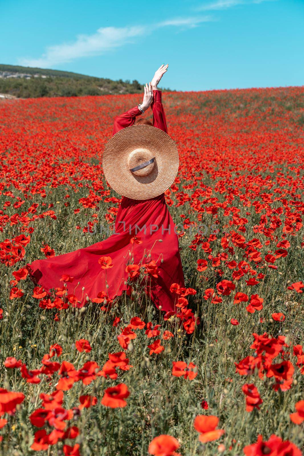 Young woman stands with her back in a long red dress and hat, posing on a large field of red poppies.