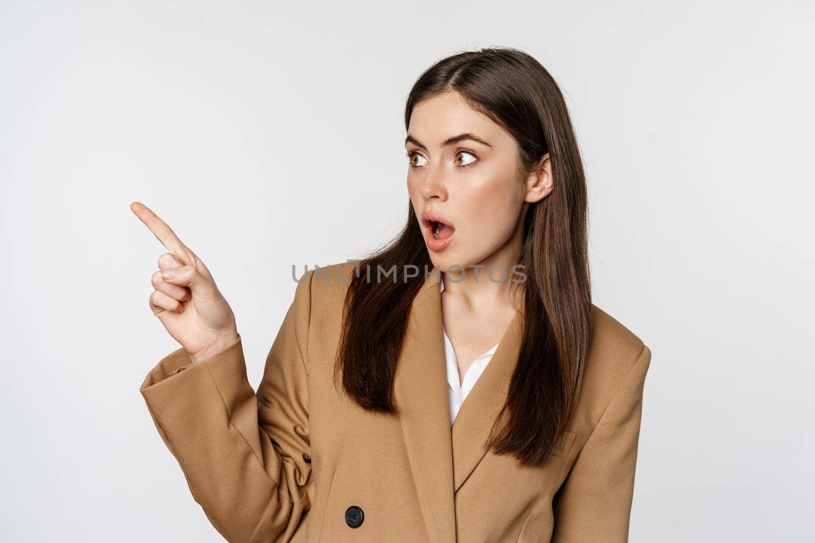 Portrait of businesswoman pointing finger left, showing corporate banner, logo, standing in brown suit over white background.