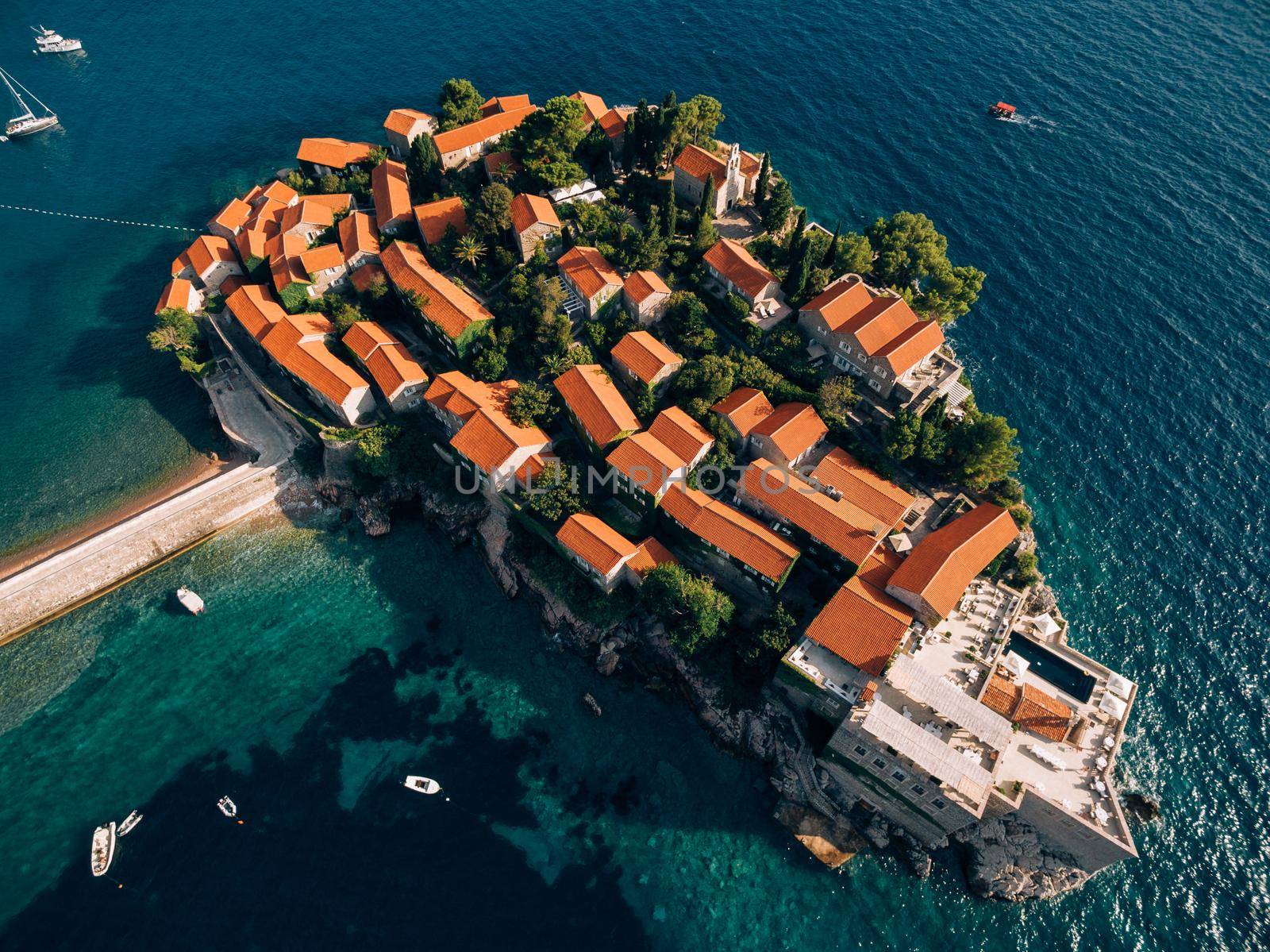 Aerial view of old mansions on Sveti Stefan island. High quality photo