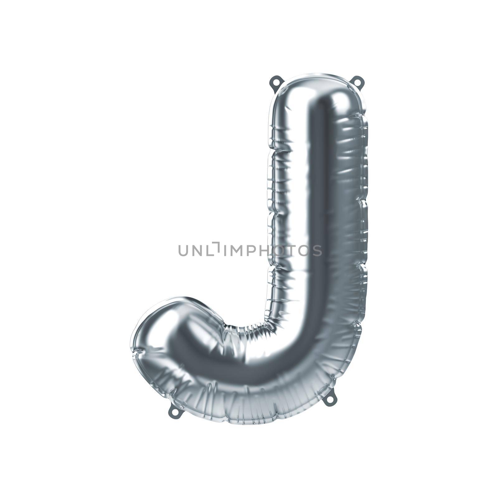 3D Render of silver inflatable foil balloon letter I. Party decoration element. Gray character isolated on white background. New year celebration postcard part. Graphic element sign for web design