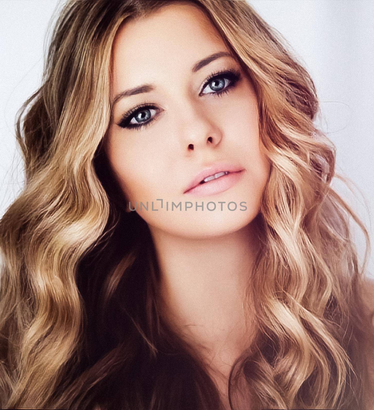 Beauty, makeup and glamour look. Beautiful blonde woman with curly hairstyle and smokey eyes evening make-up, closeup fashion portrait with retro film grain effect.
