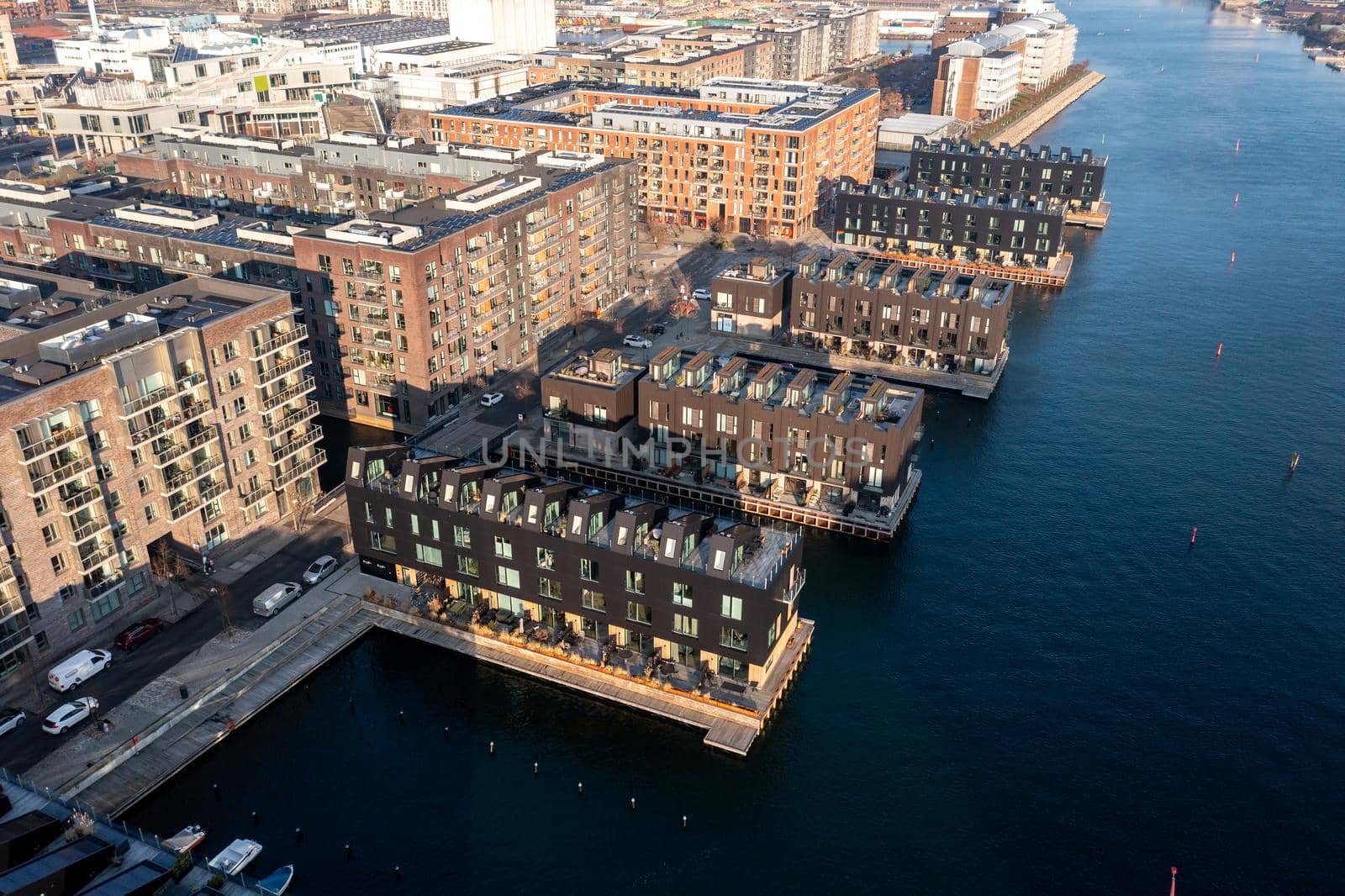 Copenhagen, Denmark - January 10, 2022: Aerial drone view of Piers, modern residential apartments in Sydhavn district.
