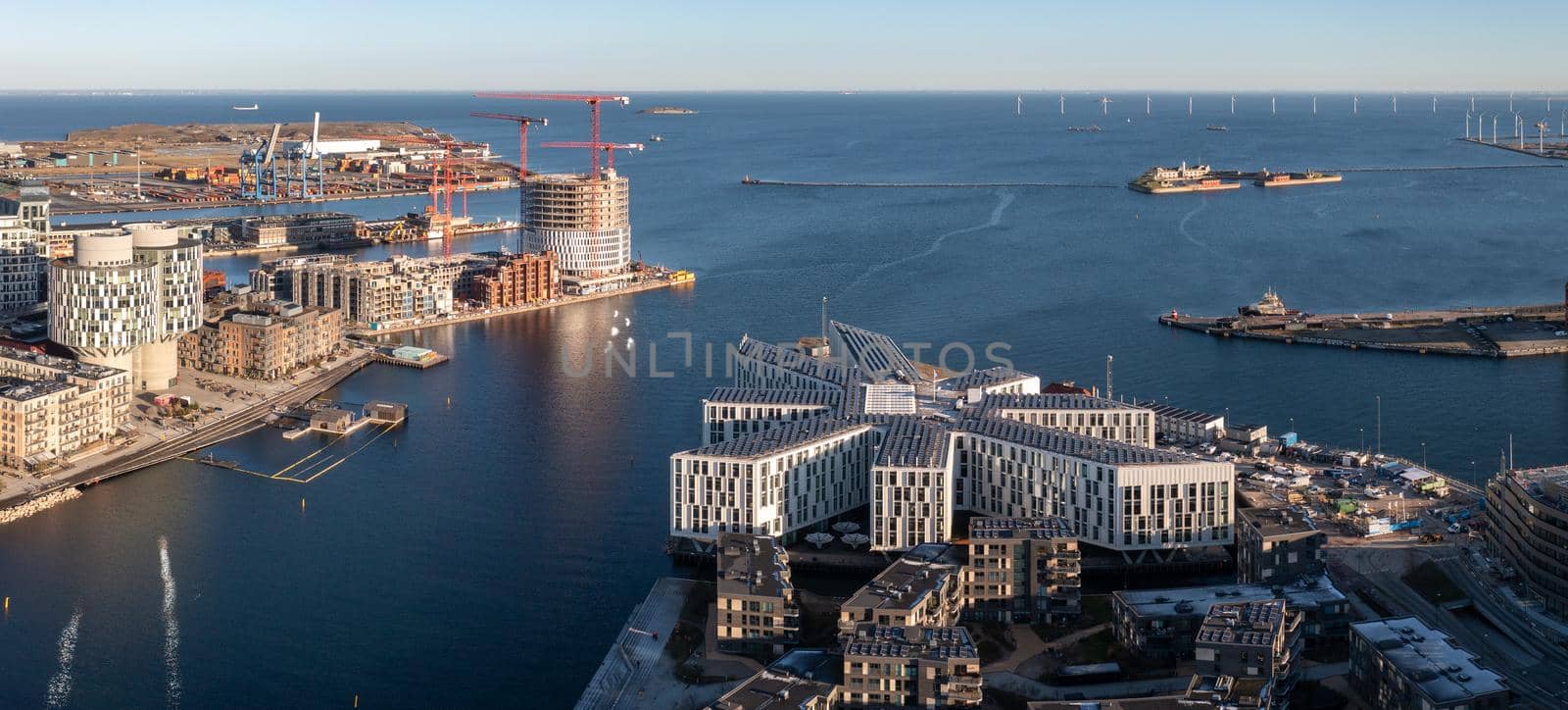 Copenhagen, Denmark - January 06, 2022: Aerial drone view of the UN City builing