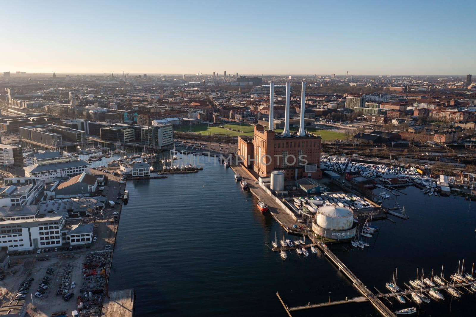Copenhagen, Denmark - January 07, 2022: Aerial drone View of Svanemolle Power Station, a natural gas fueled combined heat and power station.