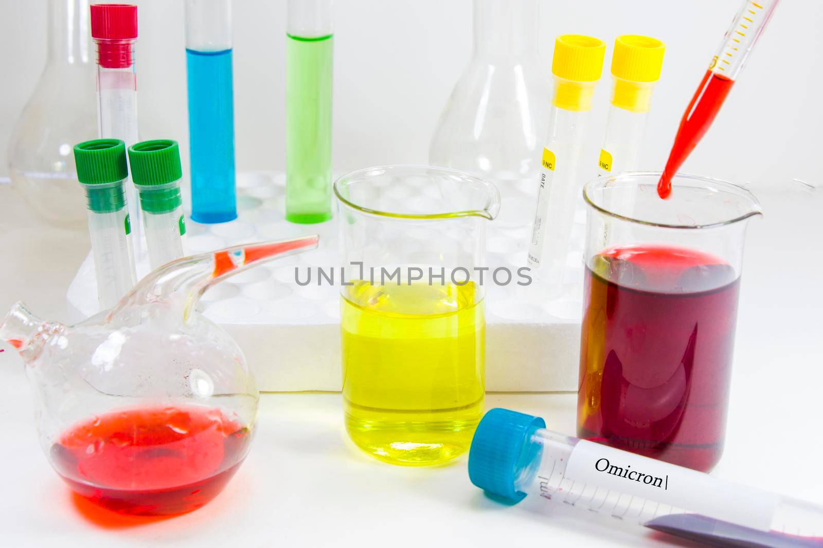 Omicron blood test, laboratory chemical liquid elements by Taidundua