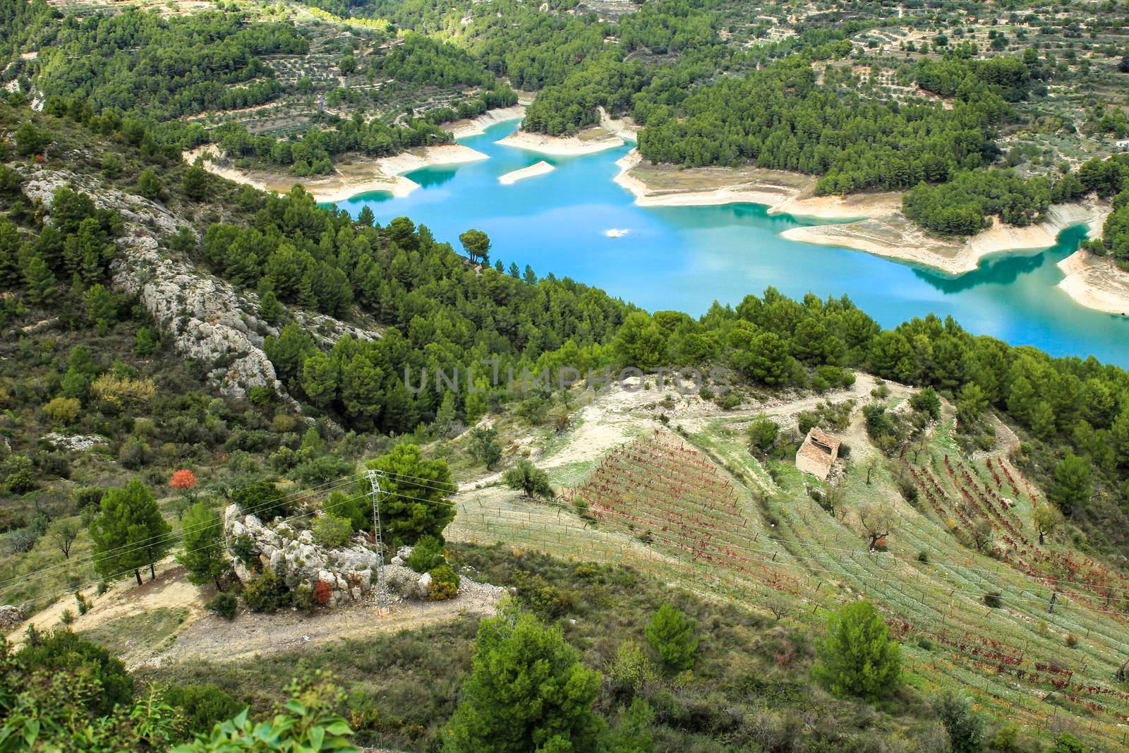 The swamp of Guadalest village surrounded by vegetation and mountains on a sunny day