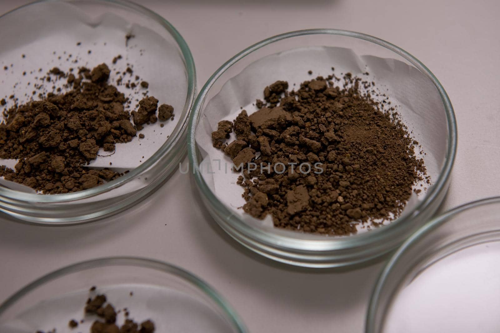 Glassware with soil samples. Laboratory research. Close-up.