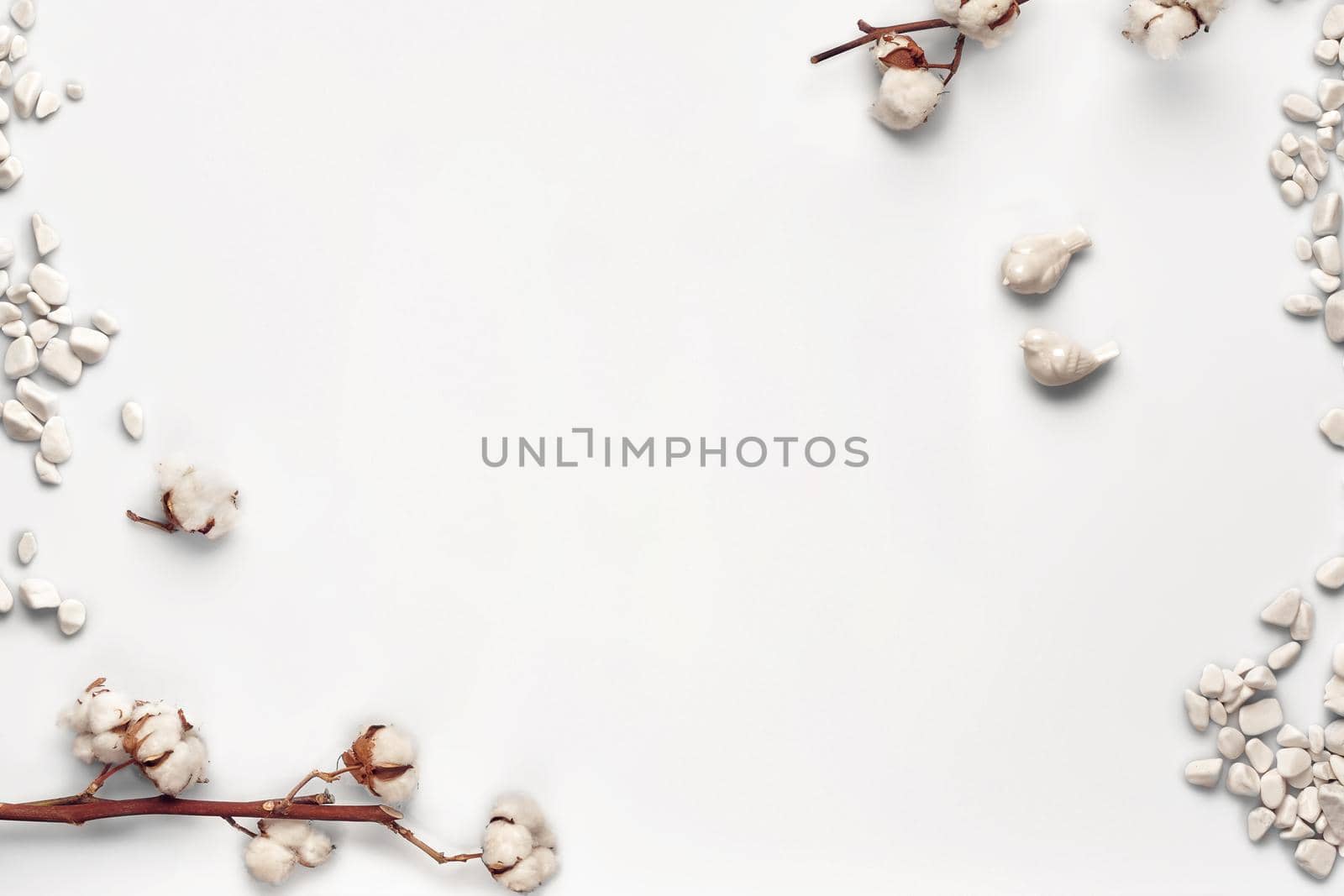 Flowers of cotton, sea stones and two small ceramic birds isolated on white background. Close up, copy space for your text or images. Mock up for your advertising. Top view, flat lay