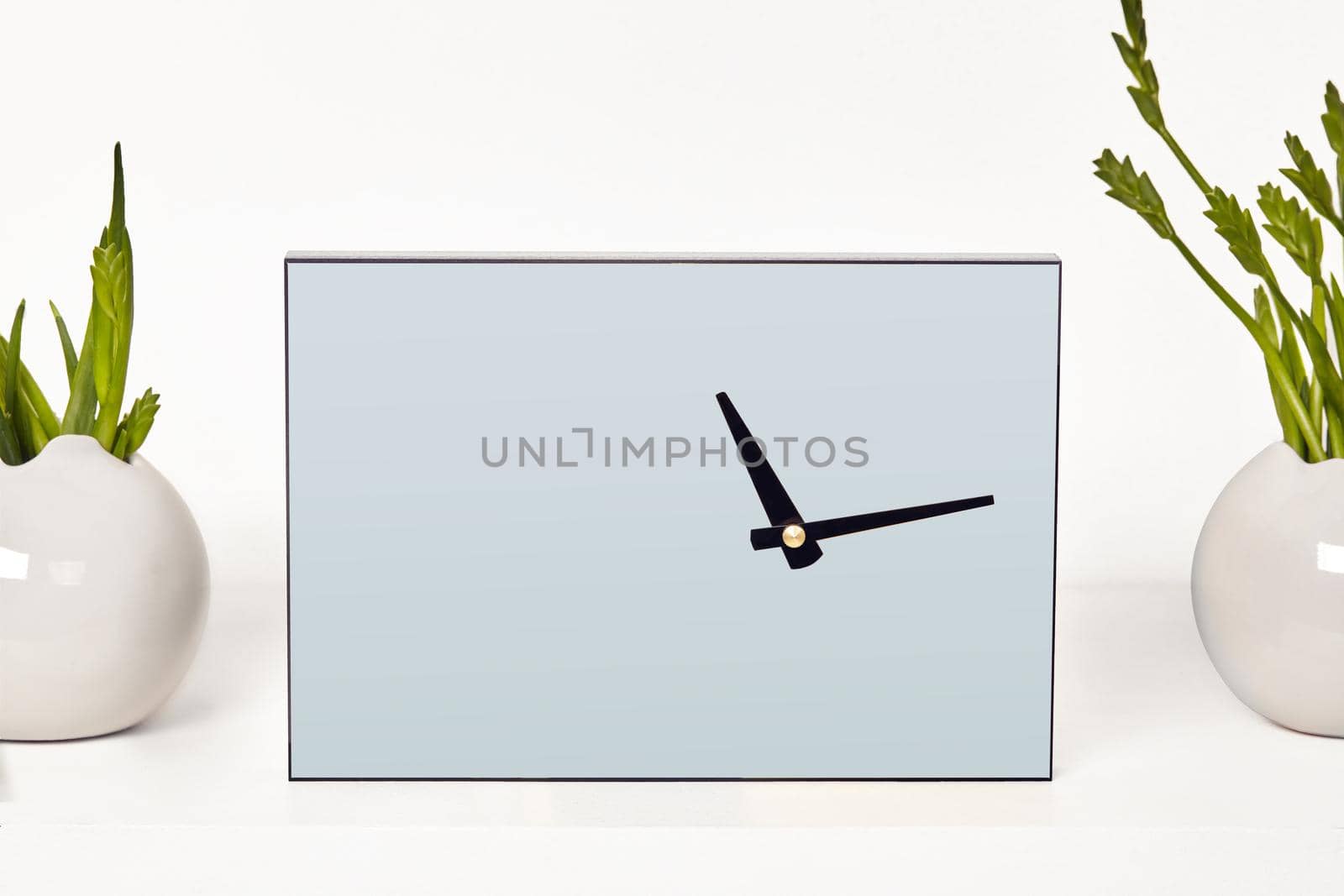 Watch with black hands without a dial surrounded by vases with green plants or flowers, isolated on white. Close up, copy space for your text or images. Empty blank mock up. Branding area, decor