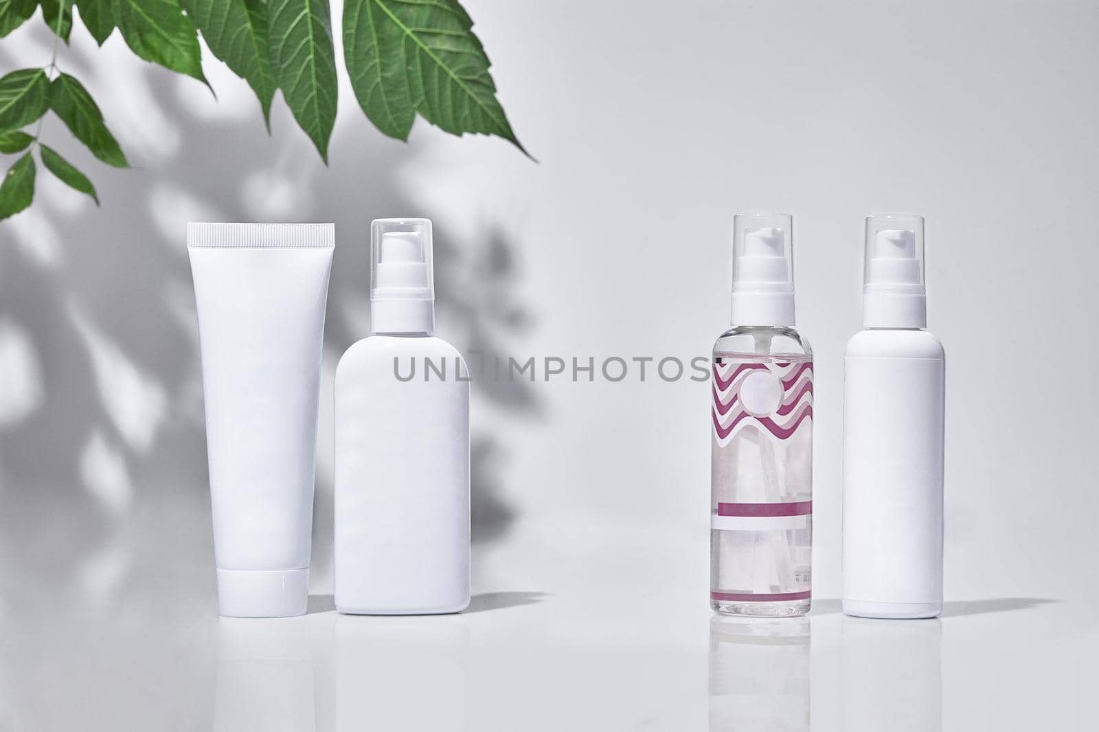 Cosmetic tube and three pump bottles with no logo standing on surface against white studio background and green branch. Packaging, containers. Advertising, branding area. Close up, copy space, mock up