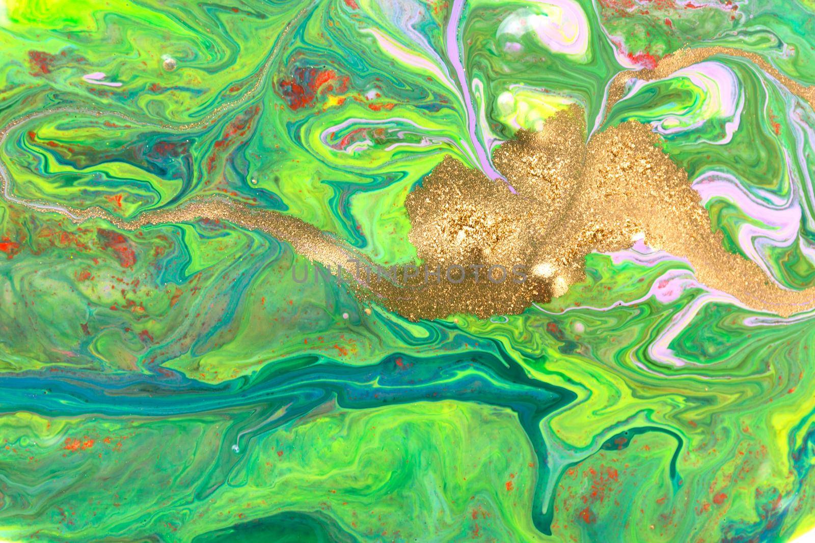 Abstract green wave mix ink texture with gold dust