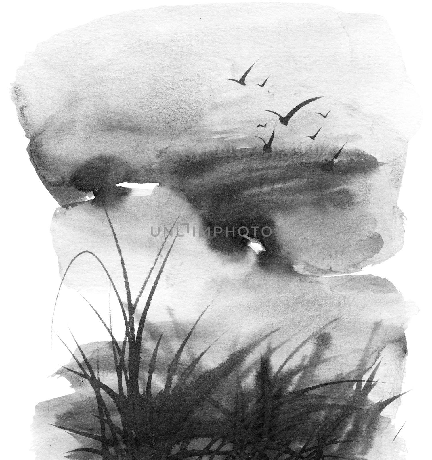 Ink painting of landscape with cloudy thunderstorm sky, grass and flying birds. Oriental traditional painting in style sumi-e.