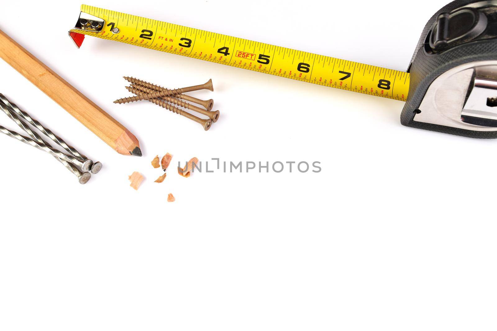 Carpenter's Pencil with Sharpening Shavings, Tape Measure, Framing Nails and Deck Screws by markvandam