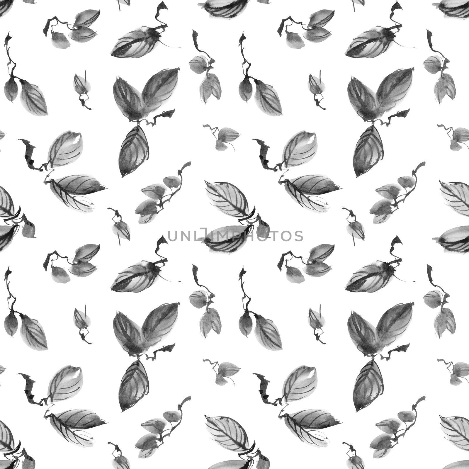 Ink painting of leaves on white background. Oriental traditional painting in style sumi-e. Seamless pattern.