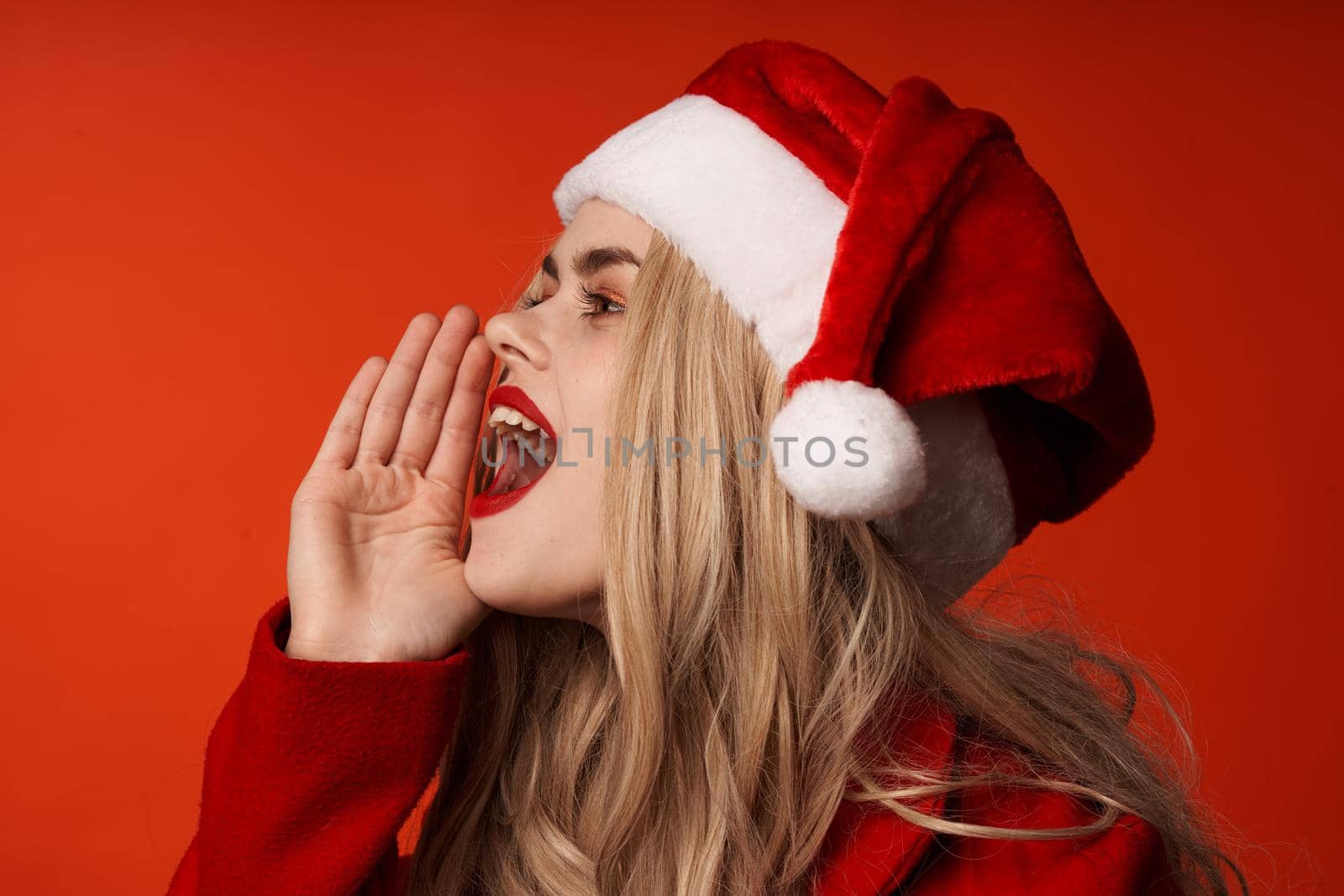 woman christmas clothes fun lifestyle pink background. High quality photo