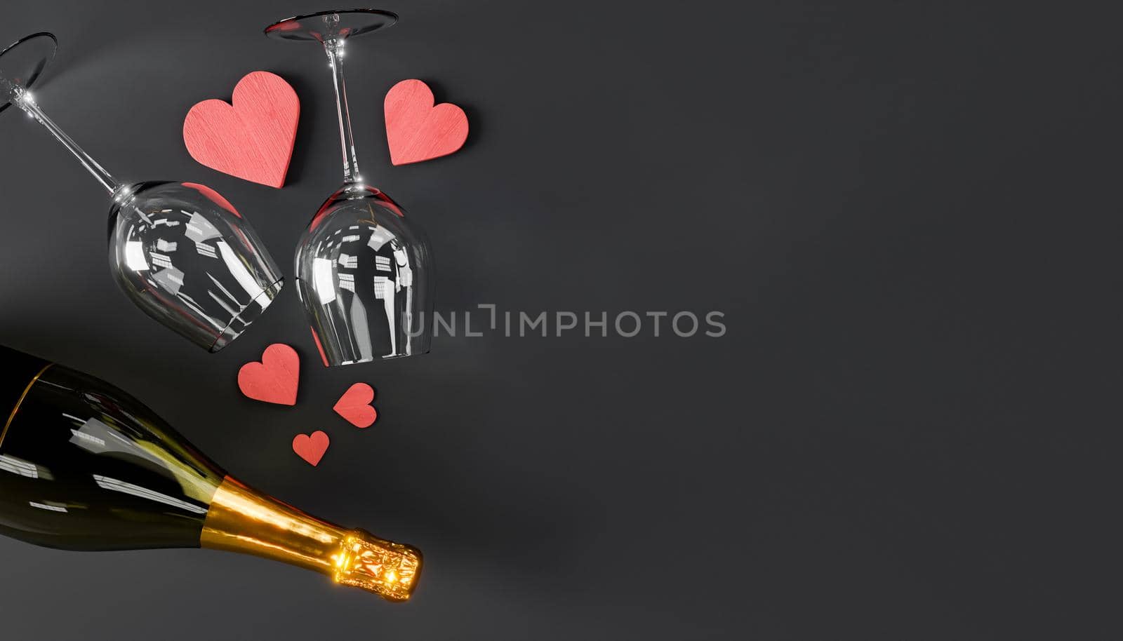 top view of a champagne bottle with two glasses and wooden hearts with copy space. concept of valentine's day, love, anniversary, dating, birthday and celebration. 3d rendering