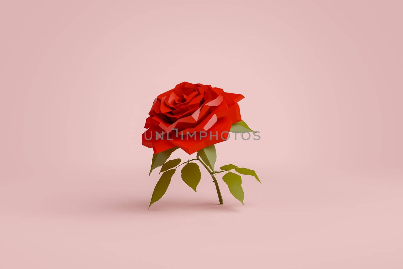 minimalist lowpoly rose on red background. 3d rendering