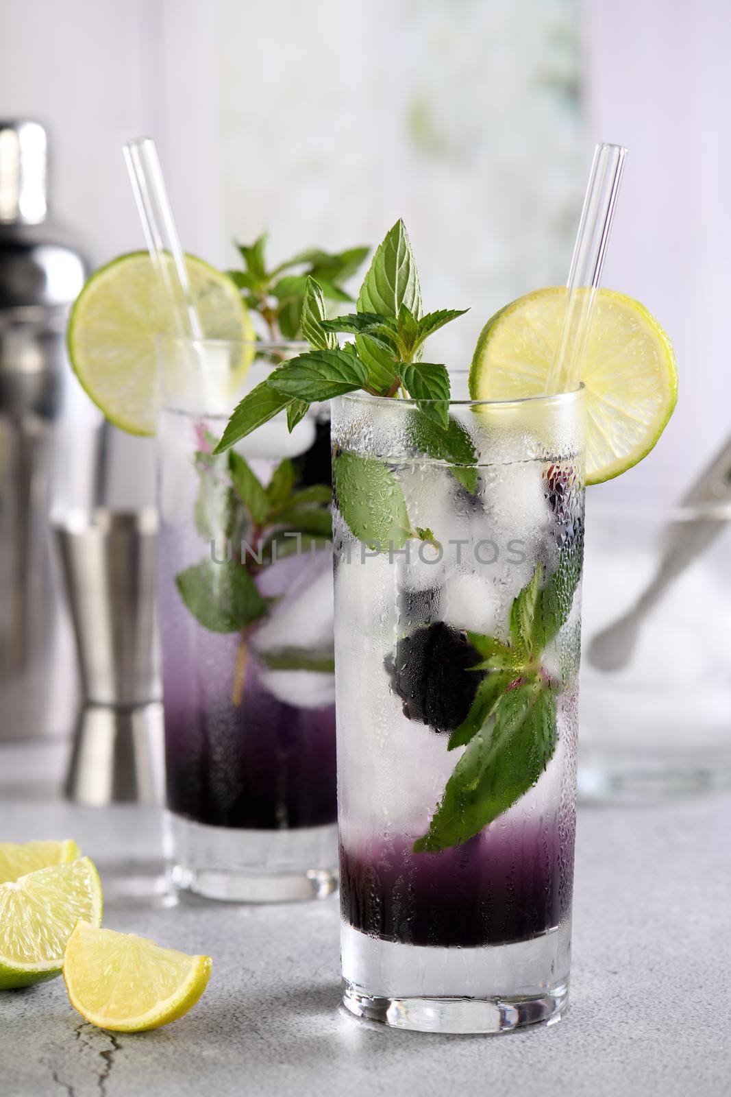 Cold refreshment organic   cocktail Blackberry mojito with berry fruit in glass