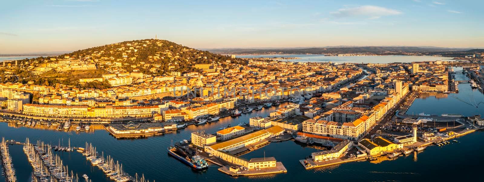 Aerial panorama of the port of Sète at sunrise in Hérault in Occitanie, France by Frederic