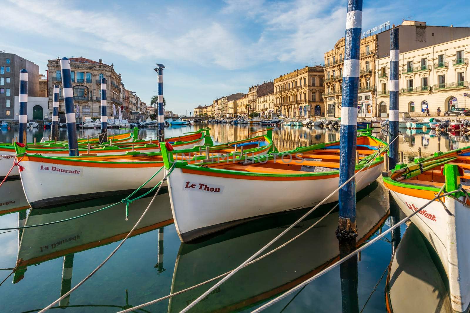 Typical boats of Sète on the royal cana, l in Sète, in Hérault, in Occitanie, France by Frederic